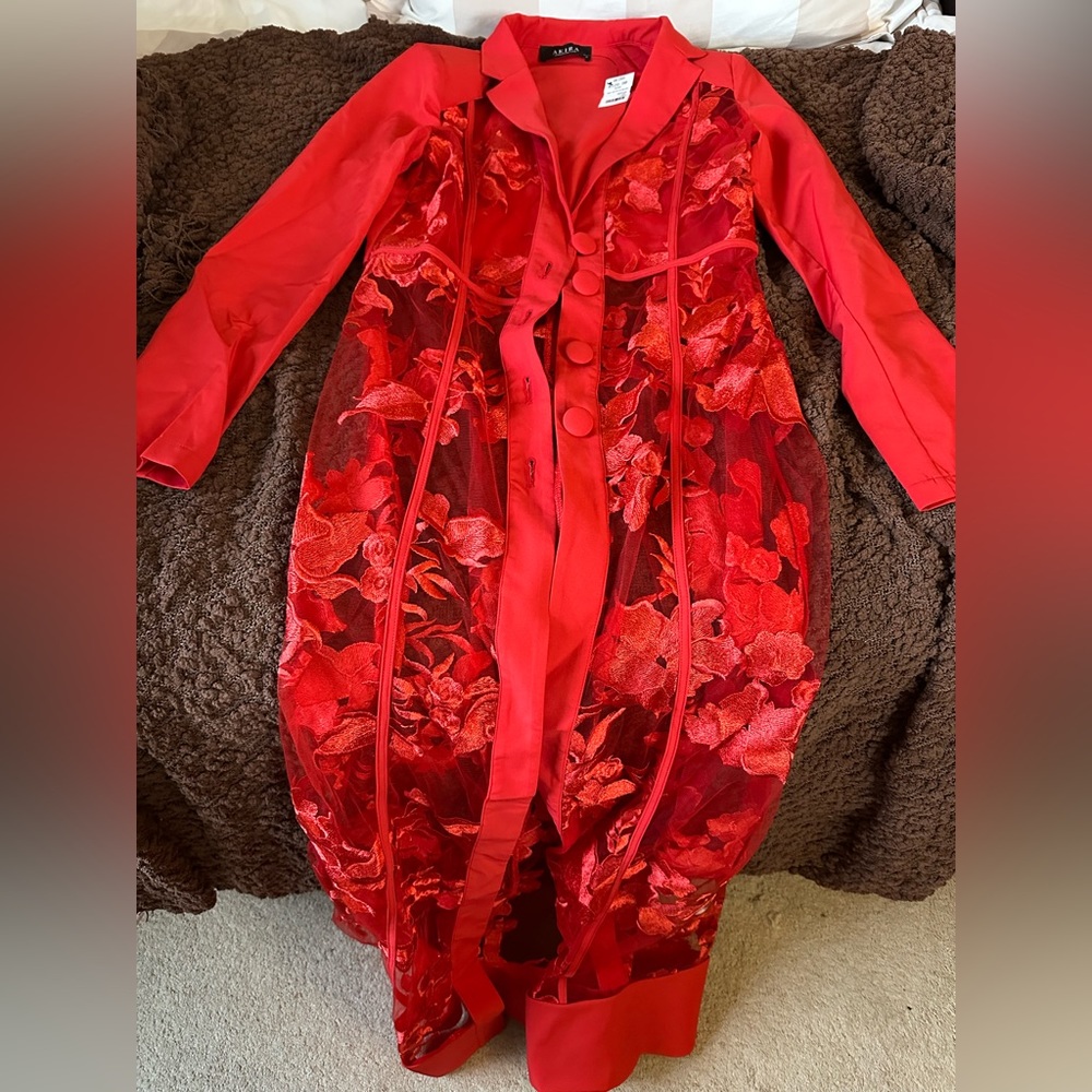 Never worn Akira floor length size medium red transparent jacket with flowers